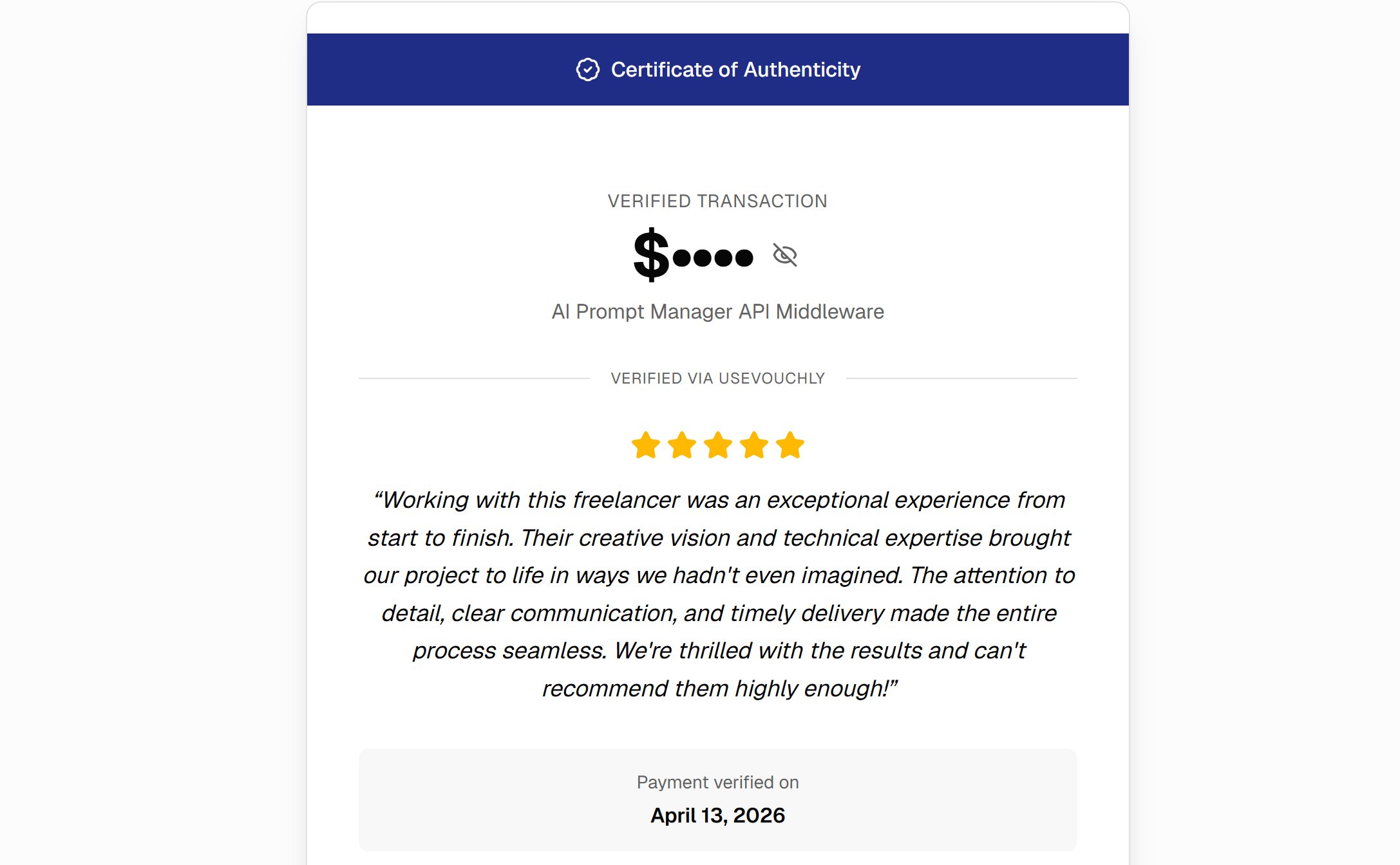 Verified proof page with 5-star review and payment certificate