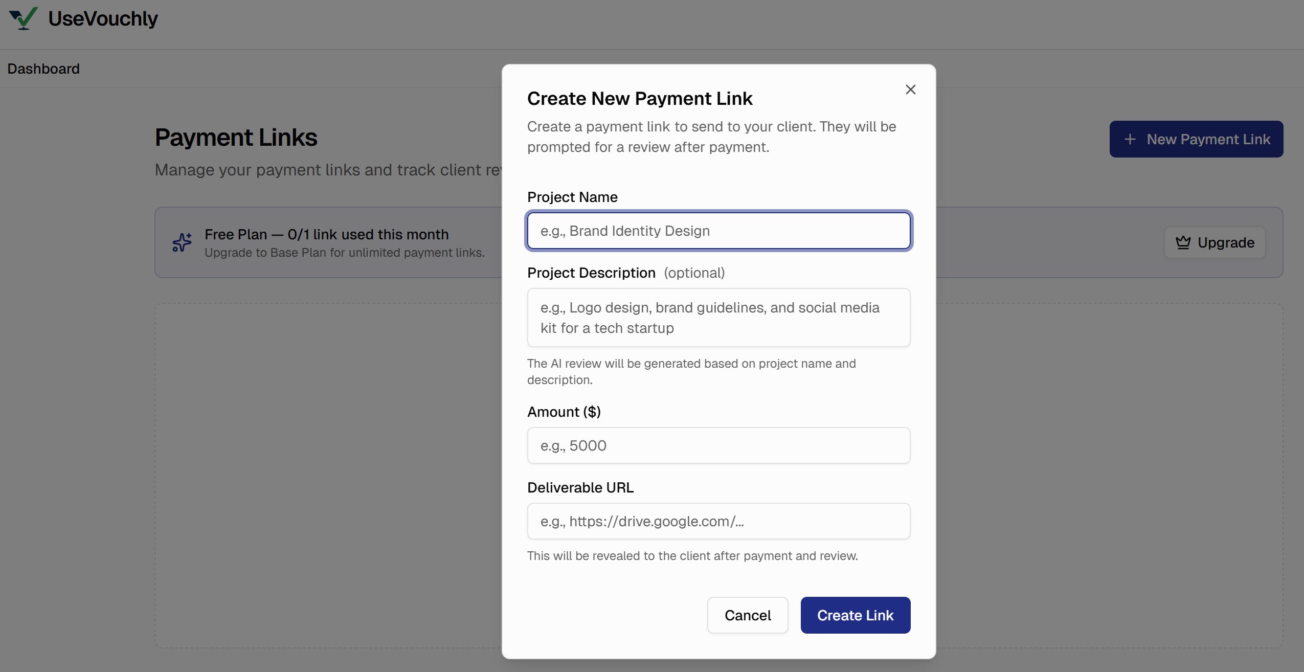 UseVouchly dashboard showing payment links and project status